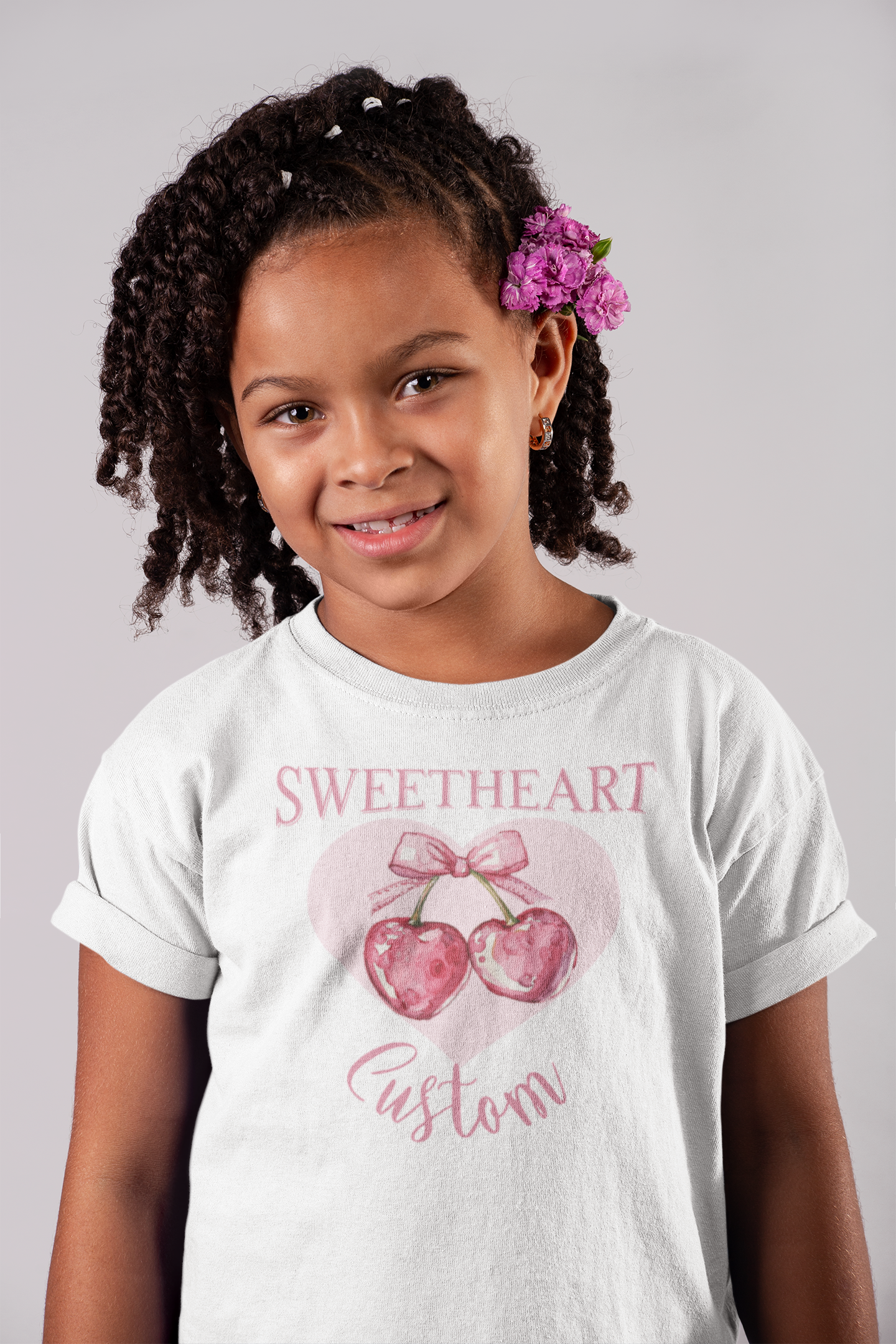 Youth Sweetheart Tee — Pink Heart Cherry Graphic (Custom Name)